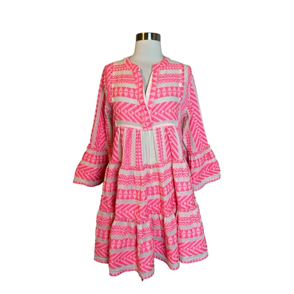 Anthropologie Devotion Ella Dress S Pink Off White Bell Sleeve Tiered Oversized - Picture 1 of 8